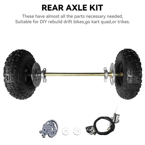 Go Kart Axle Kit 6 Inch Ready To Roll With 740mm Rear Axle, Two Wheels With Tire Rim Tube, Brake Assembly, T8F Chain, Sprocket And Master Caliper, DIY Live Axle Build For Go Karts, Quads, Trikes, Drift Bikes visible complete set with wheels, chain, and brake assembly.