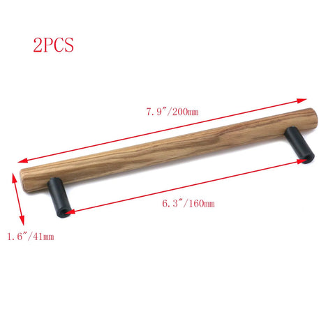 Walnut Solid Wood Pull Handles With Black Aluminum Base For Cabinets And Drawers, Round Black Base, 160mm Hole Center, 7.9 Inch Length