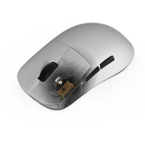 Mouse with OP1 Switch Pack With Kailh GX 50-55GF Feather Light Actuation And Light Clicks installed, showcasing internal components