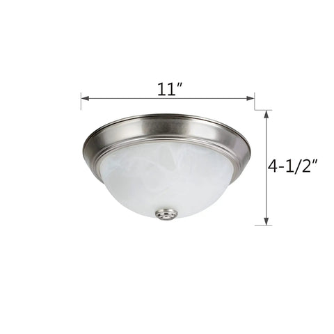 Two Light Flush Mount Fixture In Brushed Nickel With White Alabaster Glass Shade, 11 Inch Diameter Indoor Ceiling Light