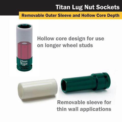 Beefy 1/2-Inch Drive 22-Millimeter Deep Lug Nut Socket, 6-Point Impact Grade, Non-Marring Core And Sleeve With Removable Outer Sleeve, Chrome-Moly Steel For Strength, Fits Wheels And Custom Rims, 3-5/8-Inch Overall Length, Heavy-Duty Lug Nut Tool