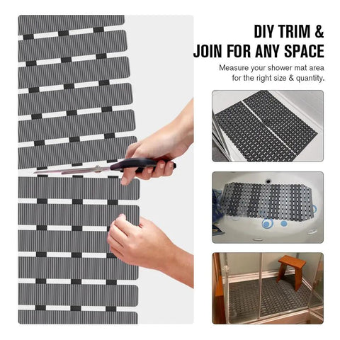 Rock Solid Non Slip Shower Mat With Mega Tight Suction Cups and Rapid Drain Holes, shown being cut for custom size.