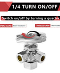 Lead Free Brass Angle Stop Valve Dual Outlets Built To Last For Daily Plumbing Fixes And Fresh Home Reno Jobs Smooth Multi Turn Shut Off Chrome Plated Finish Runs Clean Through Pex And Water Lines with 1/4 turn handle.