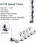 6/7/8 speed chain detailed view, highlighting connector, size, color, and specifications for All In One Bike Chain Tool Kit.
