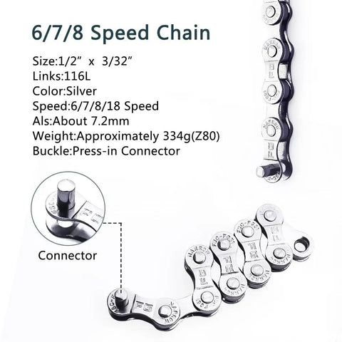 6/7/8 speed chain detailed view, highlighting connector, size, color, and specifications for All In One Bike Chain Tool Kit.