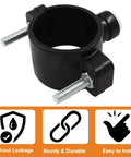 Drain Saddle Valve With Quick Connect Clamp for under sink filtration systems, close-up view, black plastic with metal screws.
