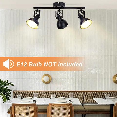 Dope Three Light Ceiling Spotlight Track Lighting Fixture With Flush Mount Kit, Adjustable Heads Rotating 330 Degrees Horizontal And 270 Degrees Vertical, Black E12 Base, Modern Lighting For Kitchen, Dining, Living Room, Bedroom, Office, Or Closet