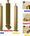 Rock Solid Weatherproof Glass Railing Posts For Decks Patios Stairs: End, Corner, and Mid Posts in gold finish.