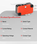 Built Tough 20Pcs 15A 125 250VAC Straight Hinge Lever Arm Micro Switch with fire-resistant housing and specifications