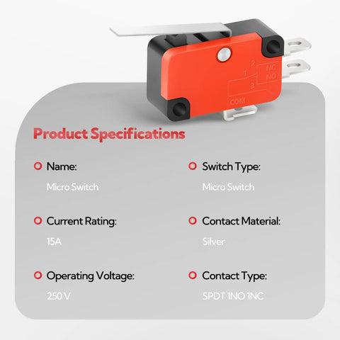 Built Tough 20Pcs 15A 125 250VAC Straight Hinge Lever Arm Micro Switch with fire-resistant housing and specifications