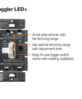 Ivory Toggle Dimmer Switch With Smooth Glide Lever For Led Halogen And Incandescent Bulbs 150 Watt, close-up image detailing features and controls.
