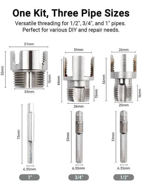 All In One Pipe Threader And Tapping Kit For Half Inch, Three Quarter Inch, And One Inch Dies Works With Electric Drills Internal And External NPT Threads Pro Grade Heavy Duty Carbon Steel For Plumbers And Home DIY showing different die sizes and dimensions.