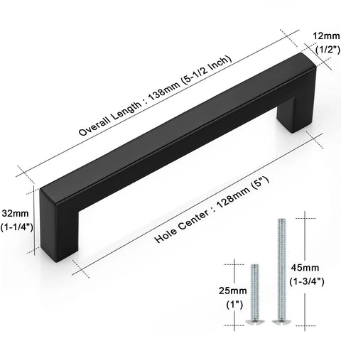 Snag This Heavy Duty Matte Black Square Cabinet Pulls 30 Pack Featuring Premium Stainless Steel Drawer Handles And Exact 5 Inch Hole Center For Quick Upgrade, displaying 5 inch drawer pull with measurements.
