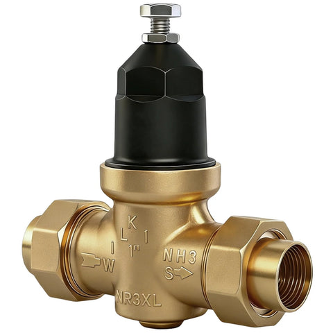 Front view of 1-inch NR3XLDU water pressure reducing valve, brass body and black adjustment cap, double union FNPT