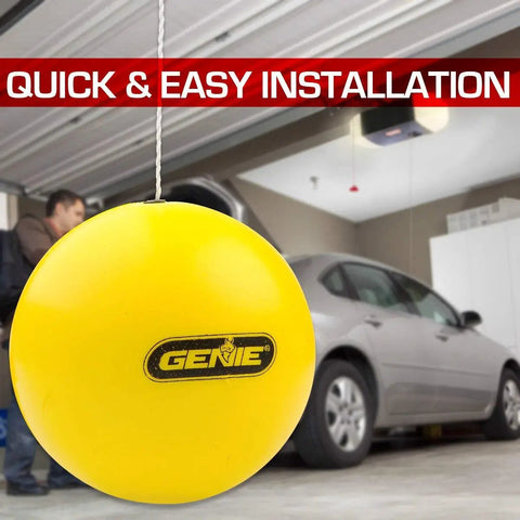 Yellow ceiling mounted parking guide system, no drilling, with car and garage scene; focuses on quick and easy installation banner.