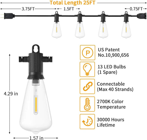 Illustration of Outdoor String Lights 200 Feet IP65 Waterproof 104 Shatterproof ST38 LED Bulbs with dimensions and features