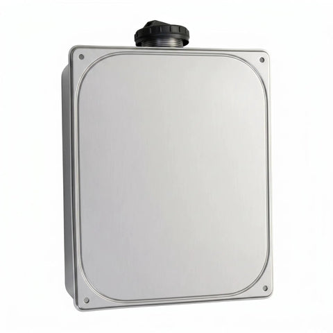 Front view of Heavy Duty 7 Liter Stainless Steel Fuel Tank for gasoline engines, 304 stainless construction, universal fit.