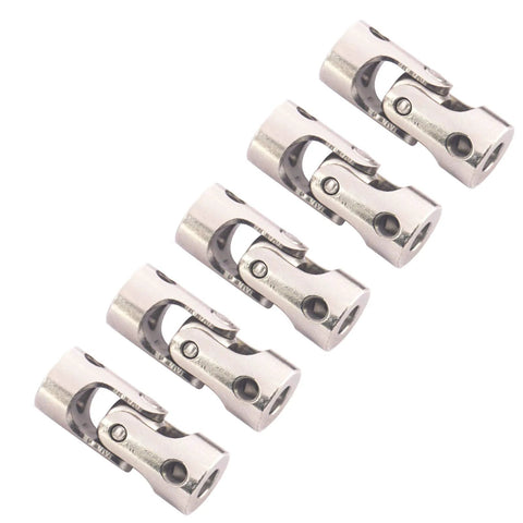 Six metal RC car U-joint couplers (3mm to 3mm) in angled diagonal arrangement