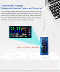 USB 3.0 Power Meter Tester 3.7V To 30V 0 To 4A Real Time Voltage And Current Monitor With IPS Color Display connected to laptop