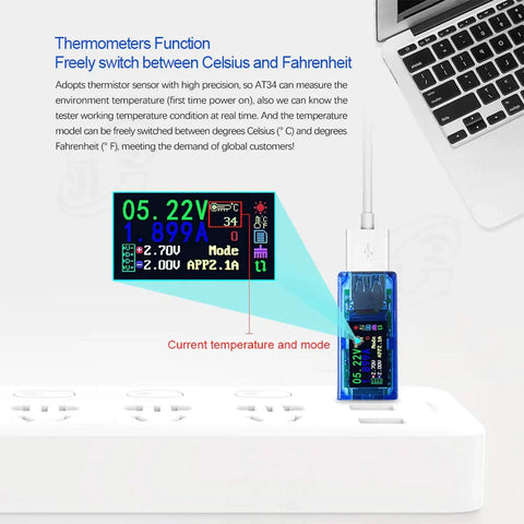 USB 3.0 Power Meter Tester 3.7V To 30V 0 To 4A Real Time Voltage And Current Monitor With IPS Color Display connected to laptop