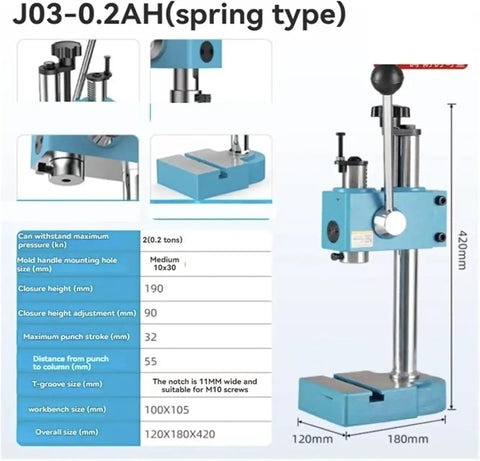 Compact Manual Arbor Press 0.3 Ton Benchtop Metalworking Tool For Punching And Riveting side view with specifications and measurements.