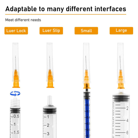 100 Pack 25 Gauge 1/2 Inch Lab Needles With Luer Lock, Disposable, Individually Wrapped, Stainless Steel And Plastic Construction, Compatible With Standard Syringes For Precise Lab Work showing syringe interface options