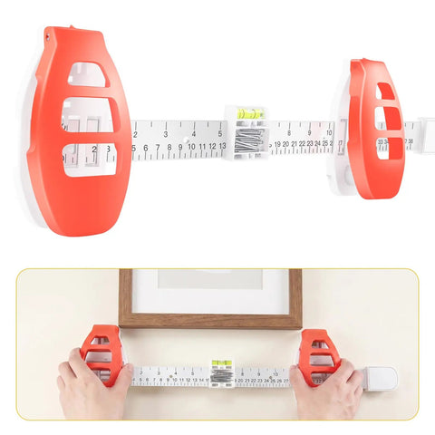 Hustle Free Picture Hanging Tool Combines Spirit Level Tape Measure And Magnetic Nail Starter For Dang Precise Frame Mirror Alignment in use.