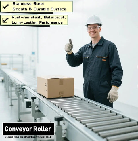 2 Inch Diameter 16 Inch Stainless Steel Conveyor Roller Heavy Duty Replacement Part For Gravity Conveyors In Warehouses Logistics Woodworking Tables Kayaks And Docks, featuring conveyor and worker.