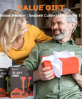 SINSEN car safety hammer set of 2 in packaging boxes, front view beside a gift-wrapped red box
