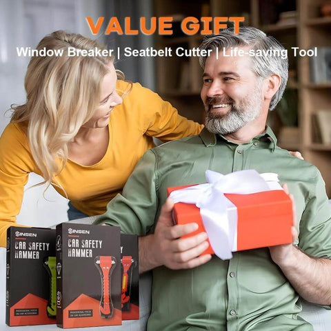 SINSEN car safety hammer set of 2 in packaging boxes, front view beside a gift-wrapped red box