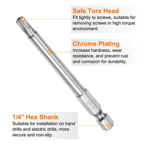 Top Shelf 10 Piece T27 Security Torx Bits With S2 Steel Magnetic Grip Quarter Inch Hex Shank 3 Inch Reach, chrome plated with safe Torx head.