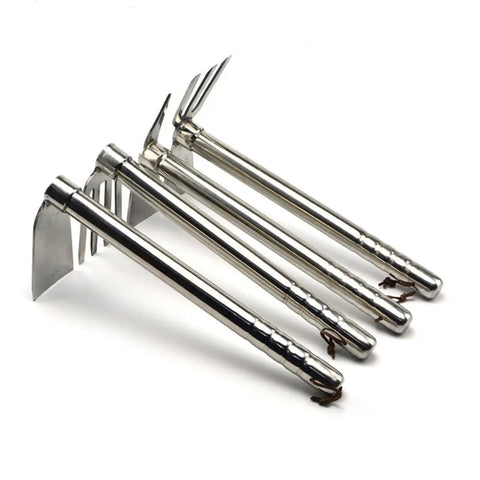 Four Two In One Garden Hoe And Pickaxe Stainless Steel Workhorse Yard Tools displayed horizontally