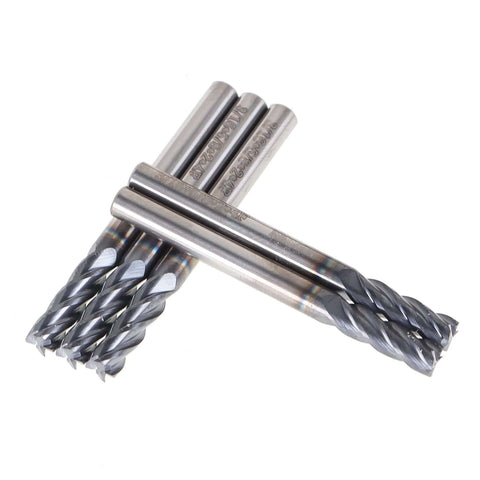 Close-up of five carbide end mills set, 3/16 in diameter, 4-flute, straight shank, 2 in overall length