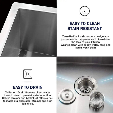 Undermount Kitchen Sink 14 By 18 Inch, Deep 9-Inch Single Bowl, 304 Stainless Steel Bar Sink, Easy Clean Finish, silvery detail with drain