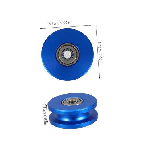 Aluminum U Groove Pulley Wheel With Heavy Duty Silent Roller And Double Bearings For Fitness Equipment And Home Gym Cable Systems For Durable Gym Pulley Wheel To Improve Smooth Quiet Workouts. Blue 5.1 cm pulley wheel with double bearing, front and side view.