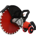 Heavy Duty Electric Concrete Saw With Four Thousand Watt Motor And Industrial Diamond Blade For Cutting Granite Porcelain Wood And Masonry Job Site Ready Built Tough As Nails, featuring a large red blade and handle.