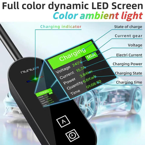 Close-up of intelligent LCD display on Level 1 And Level 2 EV Charger For Home Use And On The Go 8 To 16 Amp 110 To 240V