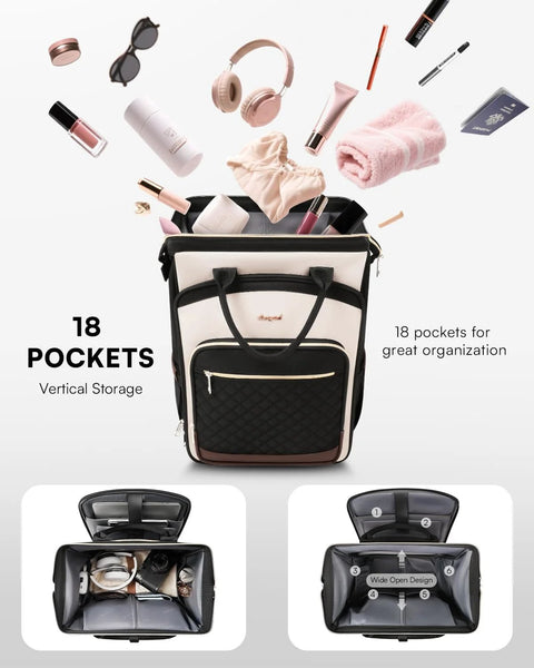 Front view of beige rolling backpack with wheels; black quilted front pocket and multiple storage compartments.