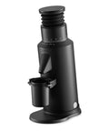 Dope Single Dose Electric Coffee Grinder Featuring 64Mm Titanium Flat Burrs And Stepless Adjustment To Nail Your Flavor Packed Espresso Routine In Sleek Black Finish, side view with container.