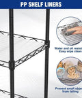 PP shelf liners on 5 Tier Heavy Duty Wire Shelving Rack With Raised Edges And Oil Resistant Baked Finish, ideal for organization.
