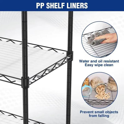 PP shelf liners on 5 Tier Heavy Duty Wire Shelving Rack With Raised Edges And Oil Resistant Baked Finish, ideal for organization.
