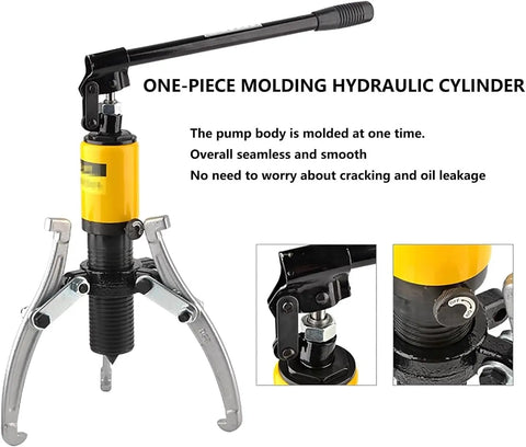 Heavy Duty 10 Ton Hydraulic Gear Puller Kit 22000 Lb 3 Jaw Bearing Remover Wheel Separator Tool Built For Vertical And Horizontal Jobs Made From Tough Carbon Steel With Stable Alloy Jaws Perfect For Sprocket Axle Rotor Work Making It A True Workhorse. hydraulic 3-jaw puller with one-piece cylinder and alloy jaws
