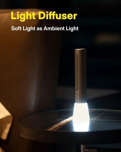 Tiny But Mighty LED Flashlight Rechargeable USB C, 3 modes, illuminating as ambient light on a table