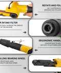 Deep Reach Air Belt Sander For Metal Working And Weld Removal, ergonomic handle, air intake filter, rolling bearing wheel.