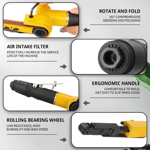 Deep Reach Air Belt Sander For Metal Working And Weld Removal, ergonomic handle, air intake filter, rolling bearing wheel.