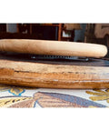 Side view of Turquoise Barrel Head Lazy Susan 10 Inch Wooden Turntable Serving Tray showing wood grain and rustic finish.