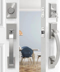 Double Front Door Handle Set With Heavy Duty Lock, Satin Nickel Finish, Hella Sturdy For Front Or Office Doors, Keyed Entry Plus Dummy Handle, Durable Security shown installed on white doors with interior view.