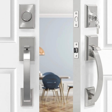Double Front Door Handle Set With Heavy Duty Lock, Satin Nickel Finish, Hella Sturdy For Front Or Office Doors, Keyed Entry Plus Dummy Handle, Durable Security shown installed on white doors with interior view.