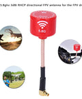Red Bendable High Gain 5.8GHz LHCP Antenna For RC Drones Directional FPV Antenna shown with drone scenes