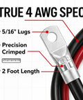 Close-up of 4 AWG battery cable with pre-crimped 5/16 inch lugs, True 4 AWG spec, 2-foot length, Heavy Duty 4 Gauge Battery Cable Kit.